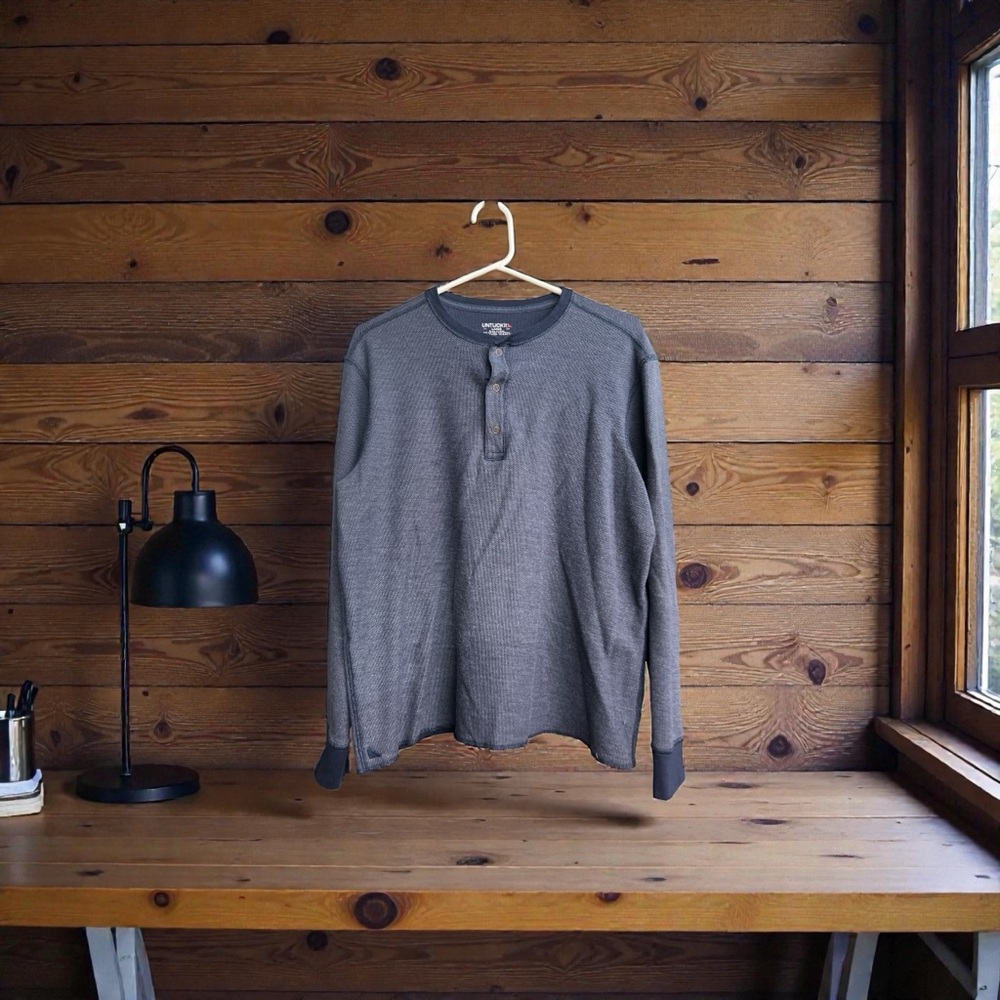 Untuckit‎ Schrock Shirt Mens Large Blue Henley Thermal Snap Long Sleeve Crewneck